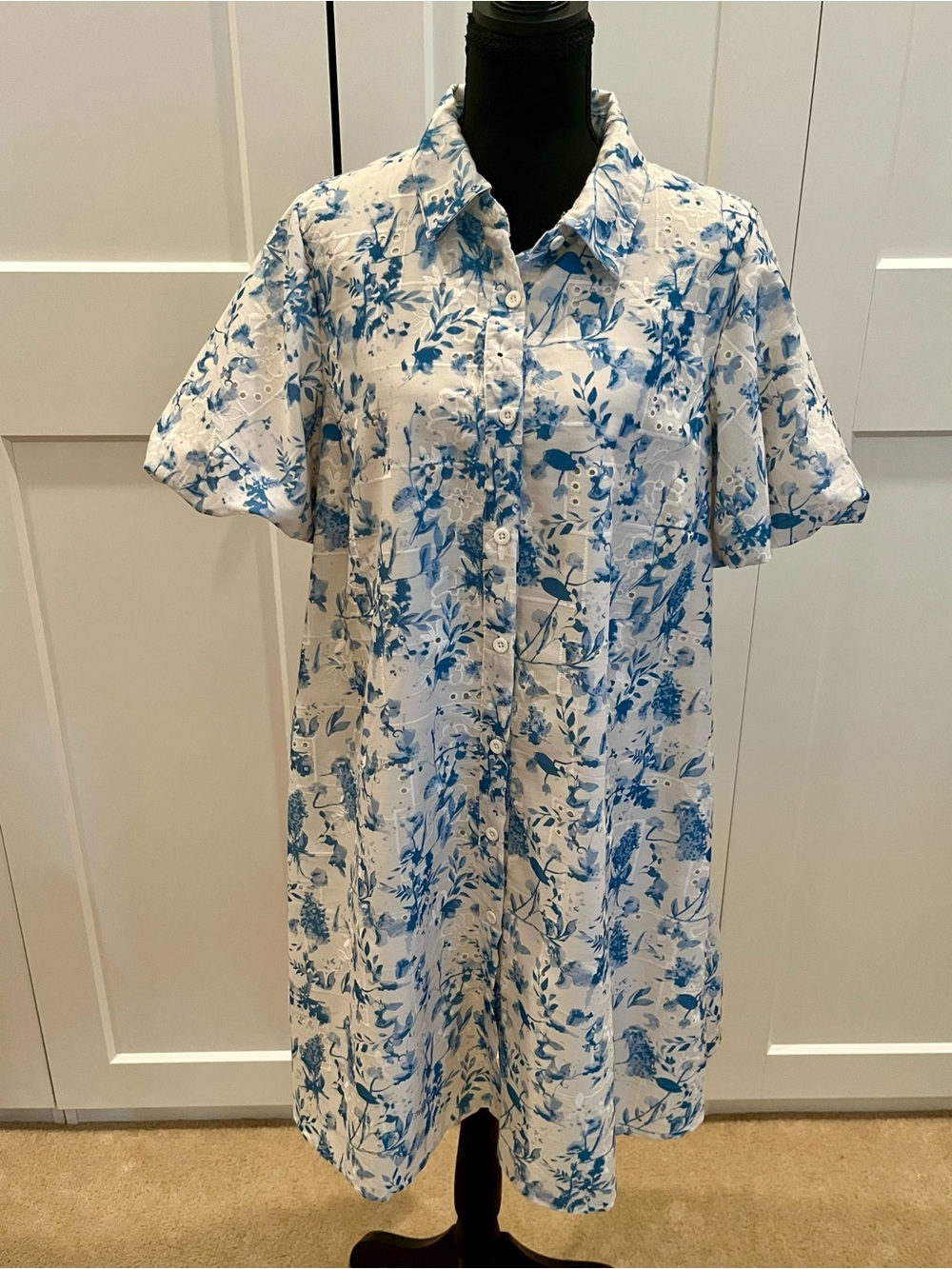 NWOT Sam Edelman Shirt Dress in Cream & Blue Floral Print with Eyelet Detail